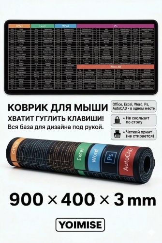 YOIMISE Mouse pad cheat sheet Office 900x400x3 мм черный