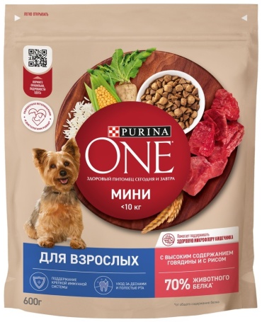 Корм Purina One с говядиной и рисом для взрослых мелких пород 0.6 кг