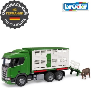 Грузовая Bruder Scania для перевозки животных с коровой зеленый