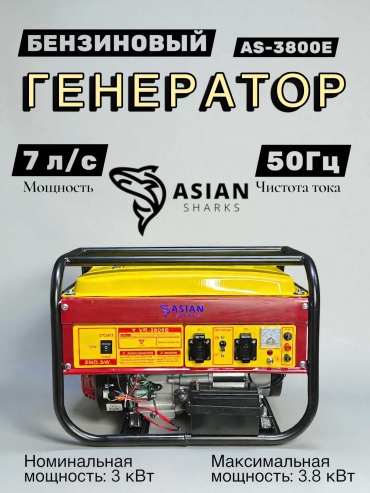 Электростанция бензиновая Asian Sharks 3.8 кВт 1 (220 В), AS-3800E