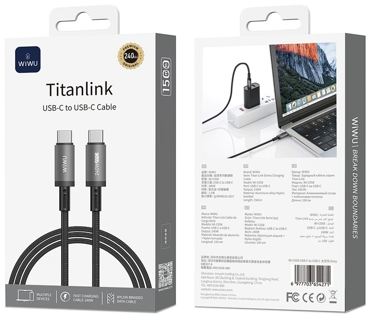 Кабель WIWU USB TypeC (F), USB TypeC (M), 1.5 м, черный