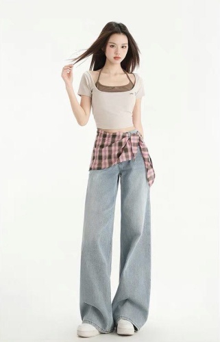 Джинсы широкие и расклешенные Denim розовый, светло-синий