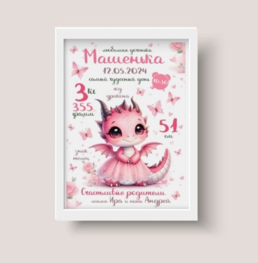 Именной подарок ASGM фоторамка Именная метрика в рамке / Именной подарок для девочки / именной подарок для новорожденных / Дино