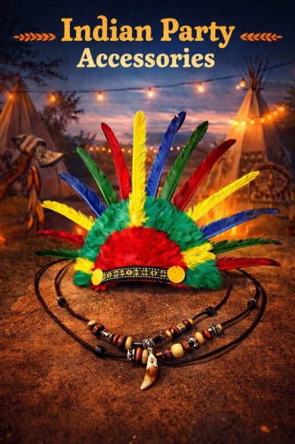 Повязка Индеец головной убор с перьями и ожерелье клык размер универсальный, 2 шт