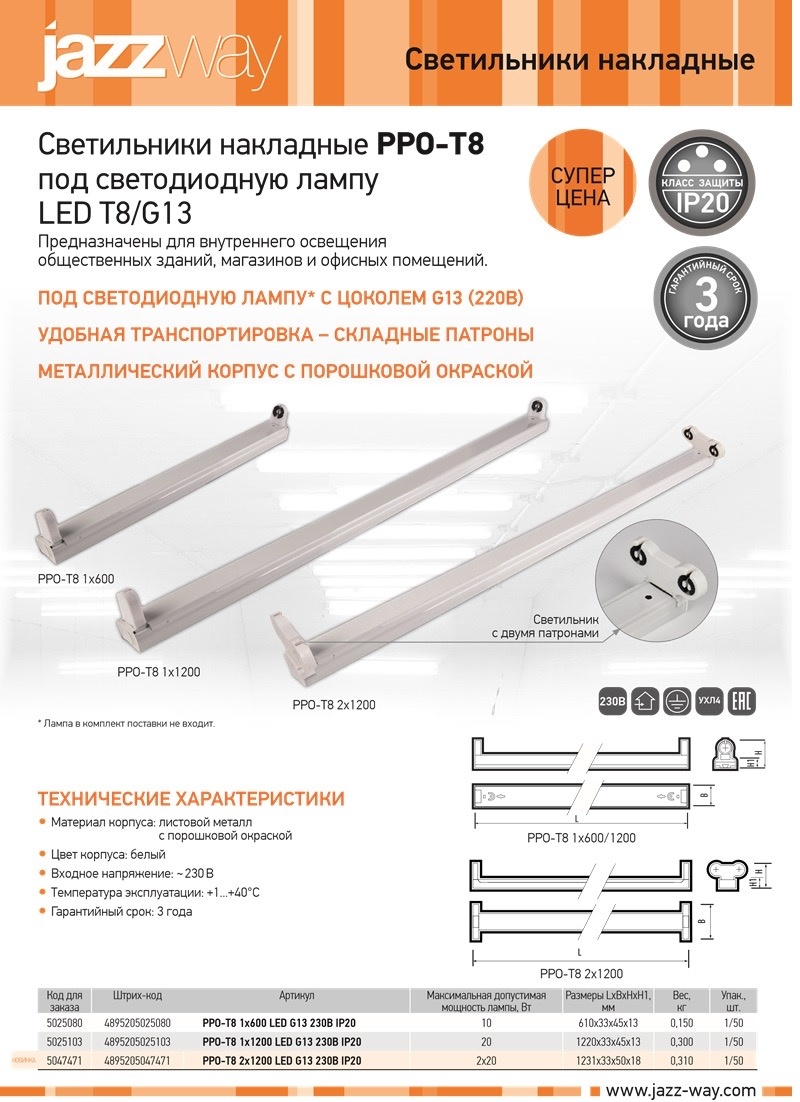 Светильник настенно-потолочный Jazzway T8 белый