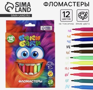 Фломастеры 12 цветов в коробке «Букибяки»