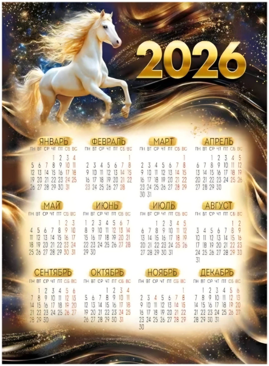 Листовой календарь Года-Лошади 2026, 30x21 см