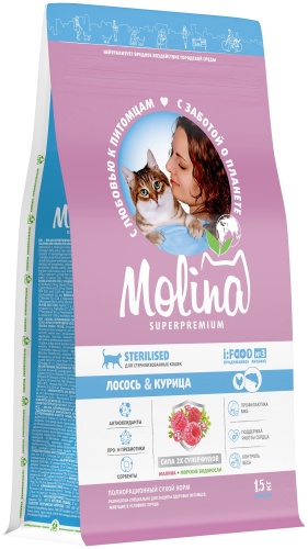 Корм Molina для стерилиизованных курица, лосось 1.5 кг