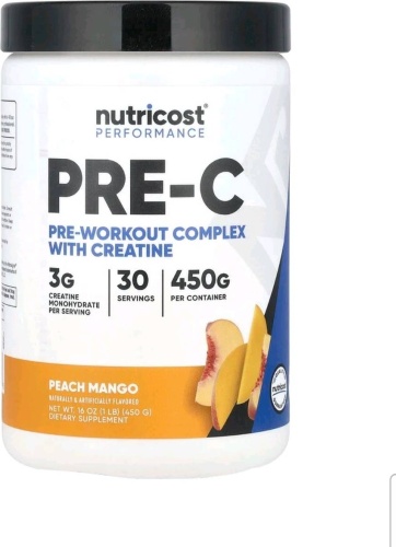 Предтренировочный комплекс Nutricost Performance PRE-C, Pre-Workout Complex With Creatine Peach Mango 450 г