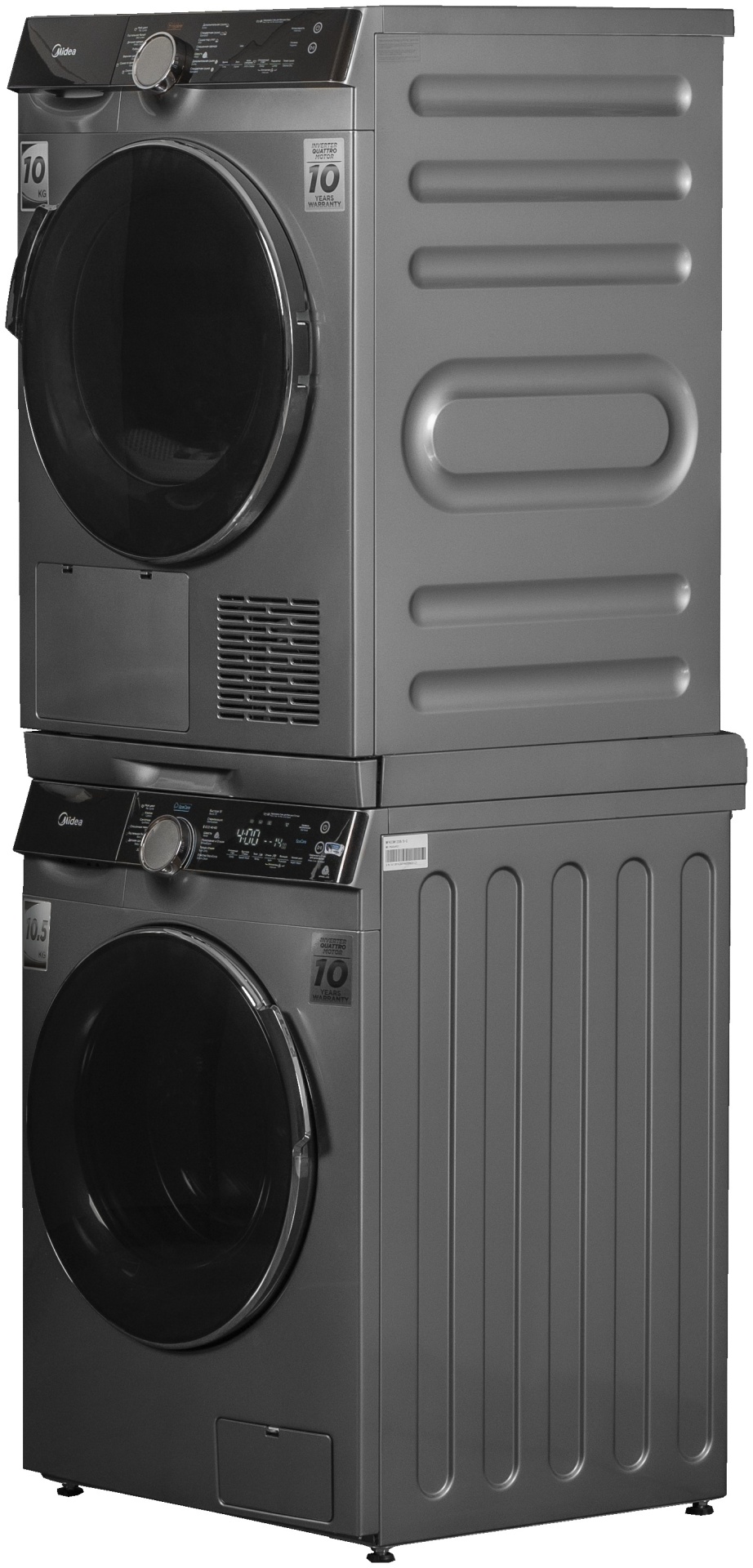 Стиральная машина Midea MFK03W105B/S-C + сушильная машина Midea MDK03H100/S-C + стыковочный комплект Midea SK-DS выдвижной серый