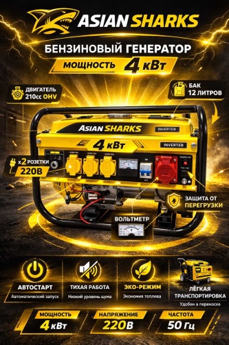 Электростанция бензиновая Asian Sharks 3.5 кВт 3 (380/220 В), Генератор 4 кВт