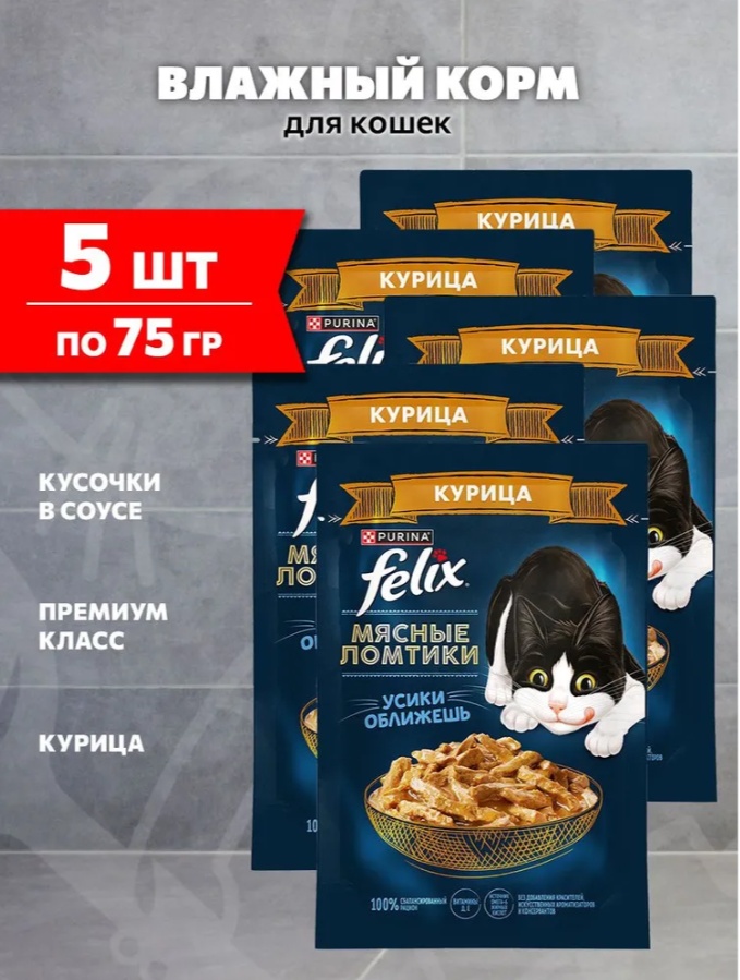 Корм Felix Мясные ломтики кусочки в соусе курица 75 г 5 шт