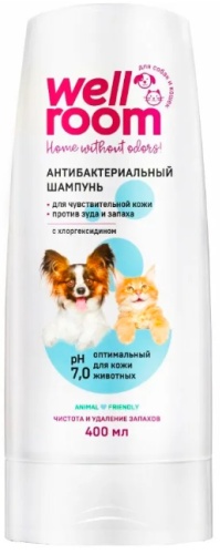 Уход Wellroom Шампунь антибактериальный c хлоргексидином для собак и кошек 400 мл