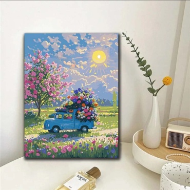 Машина с цветами холст на подрамнике DIY DIGITAL PAINTING 50x40 см