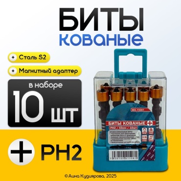Набор бит кованых PH2 с магнитным адаптером 65 мм 10 шт