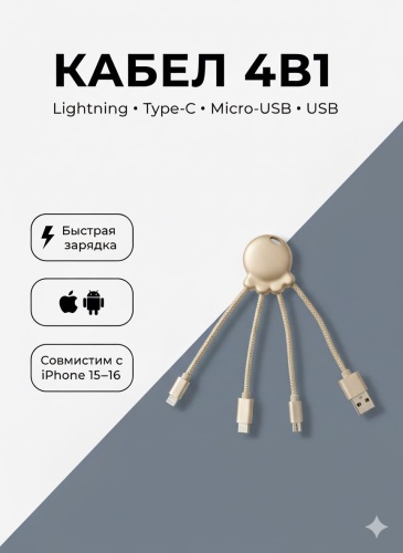 Кабель Xoopar USB 2.0 (M), USB TypeC (M), micro-USB 2.0 (M), Lightning (M), 0.2 м, золотистый