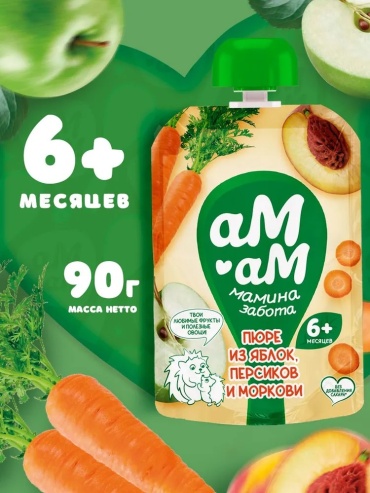 Детское пюре АМ-АМ мамина забота АМ-АМ пюре яблоко-персик-морковь, пауч, 90г 90 г, с 6 месяцев