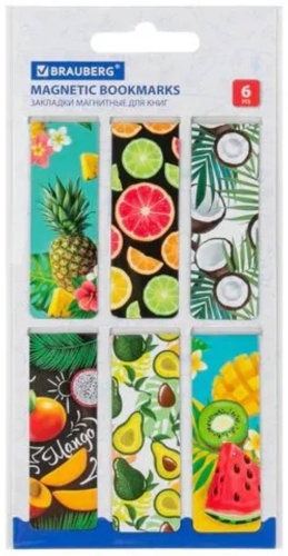 Закладки Brauberg для книг МАГНИТНЫЕ, "FRUITS" 79941, винил, 6 шт
