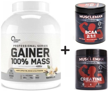 Optimum System Optimum System Гейнер 3кг ваниль + Muscleman креатин 300г + Muscleman BCAA 300г фруктовый пунш Ваниль фруктовый пунш 3000 г