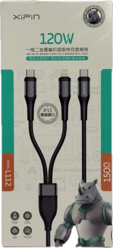 Кабель Xipin USB TypeC (F), USB TypeC (M), Lightning (F), 1.5 м, L112 черный