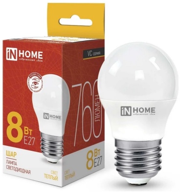 IN HOME 8W E27, светодиодная, теплый белый