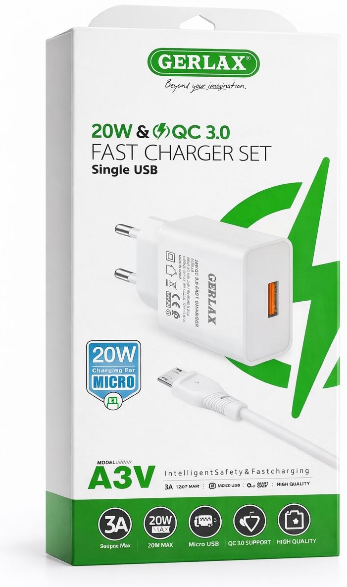 Зарядное устройство GERLAX А3V micro USB, USB 20 Вт белый