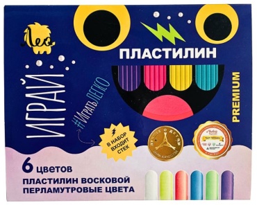 Пластилин восковой “ИГРАЙ” 6 перламутровых цветов, ЛЕО, с стеком, от 3 лет
